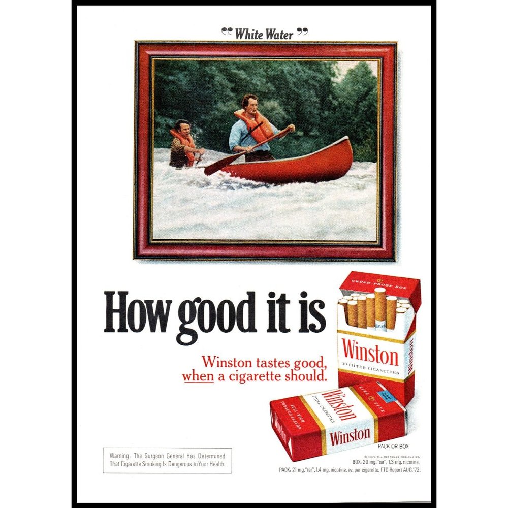 1973 Winston Cigarettes Vintage Print Ad White Water River Canoe Paddle Wall Art